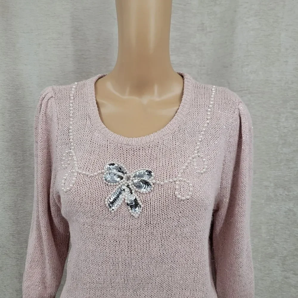 Stepping Stones Vintage Light Pink Silk Angora Blend Pearl Sequin Bow on Front - Picture 2 of 11